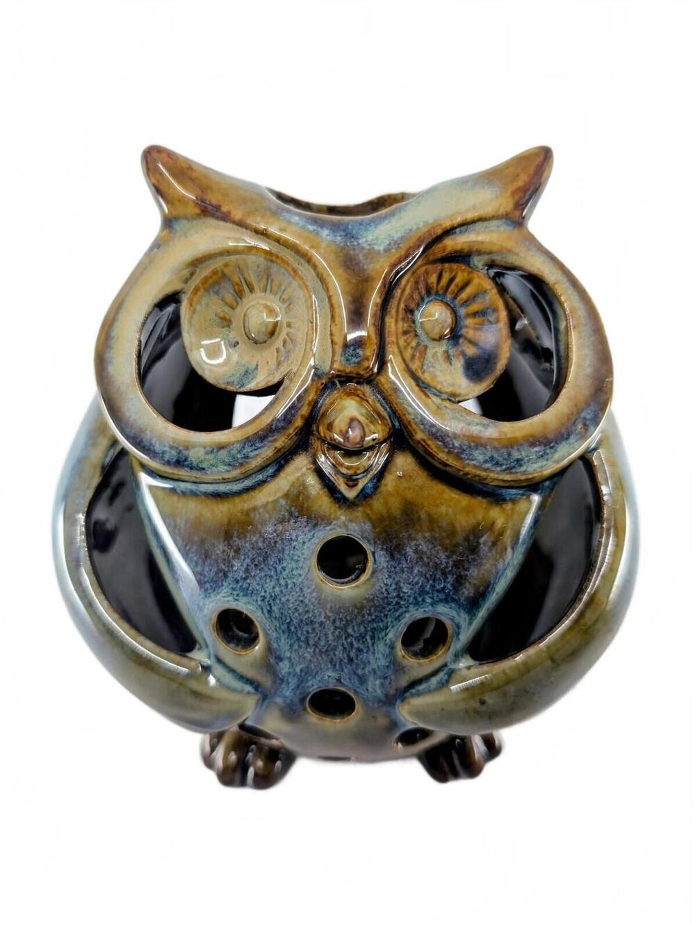Vintage Glazed Ceramic Owl Candle Holder Luminary Blue Brown Pottery Decor